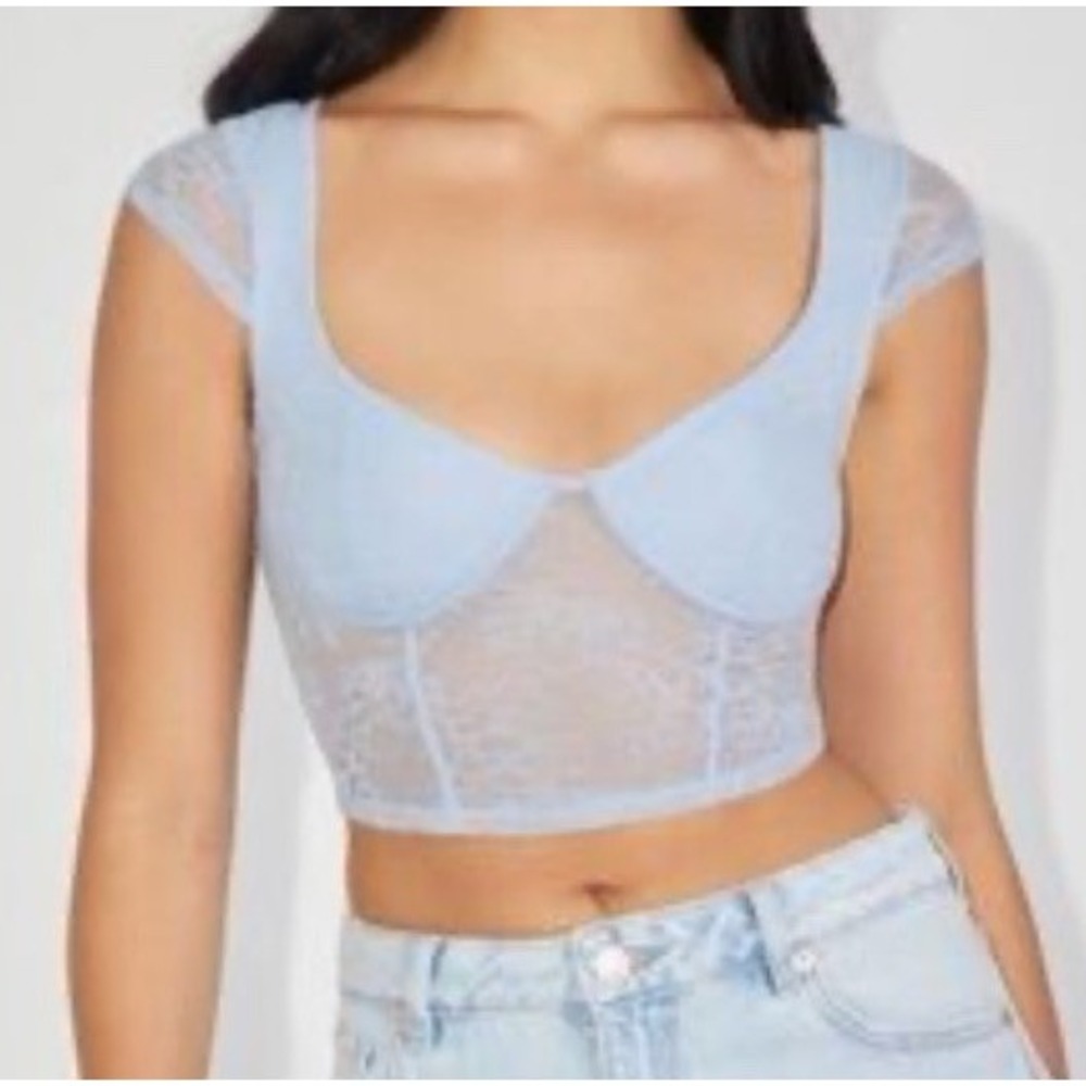 Garage Lace V Neck Cropped Top Size XS Cami Romantic Babydoll‎ Sexy Midriff Blue